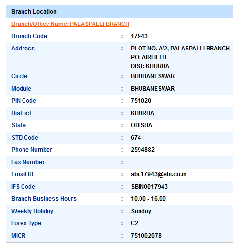 IFSC Code of SBI Palaspalli Branch