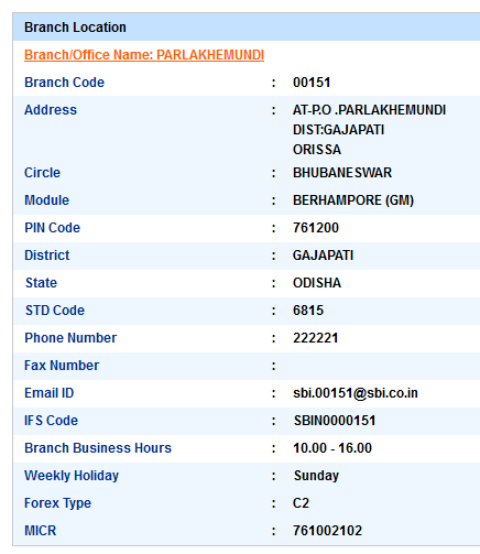 IFSC Code of SBI Parlakhemundi