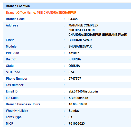 IFSC code of SBI Chandrasekharpur