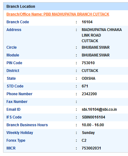 IFSC Code of SBI Madhupatna