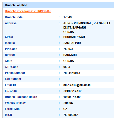 Phiringimal sbi swift code ifsc code micr code branch address contact number address