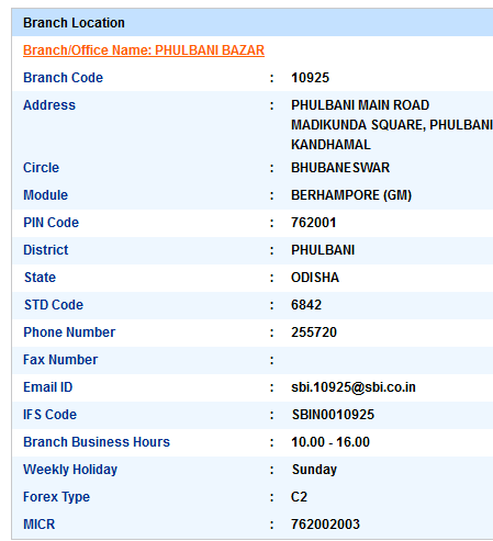 IFSC Code of SBI Phulbani Bazar