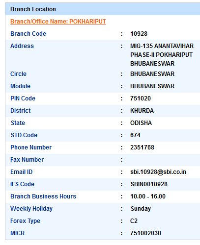 IFSC Code of SBI Pokhariput