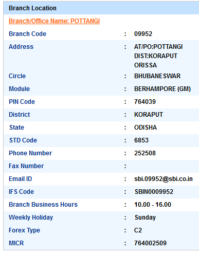 Pottangi sbi swift code ifsc code micr code branch address contact number address