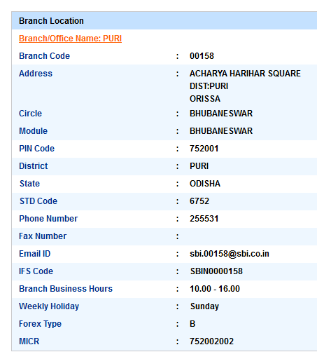 Puri sbi ifsc code