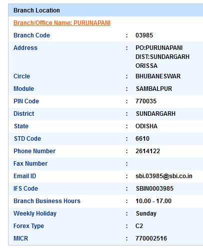 IFSC Code of SBI Purunapani