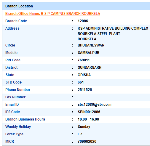 R S P Campus Branch Rourkela sbi swift code ifsc code micr code branch address contact number address