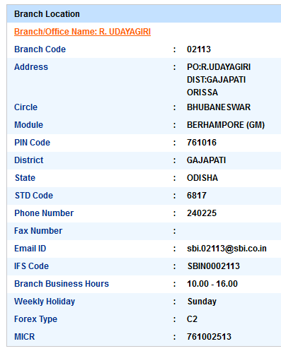 R. Udayagiri sbiifsc code