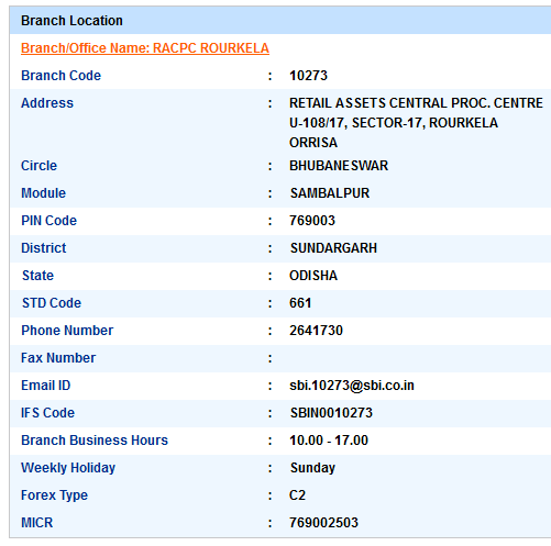 Racpc Rourkela Sbi