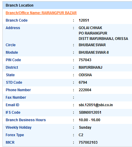 Rairangpur Bazar sbi swift code ifsc code micr code branch address contact number address