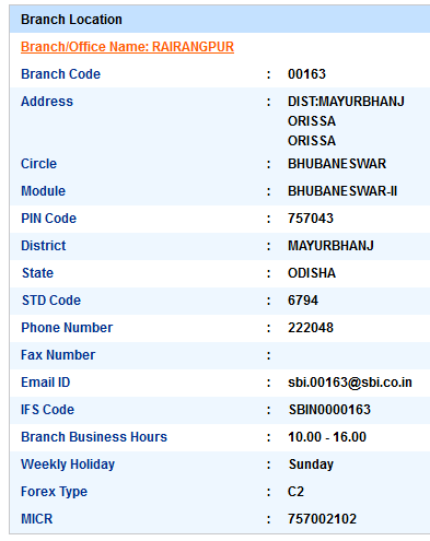 Rairangpur Sbi IFS Code