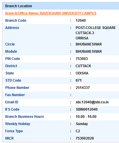 Ravenshaw University Campus sbi swift code ifsc code micr code branch address contact number address