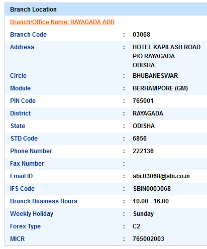 Rayagada Adb sbiifsc code