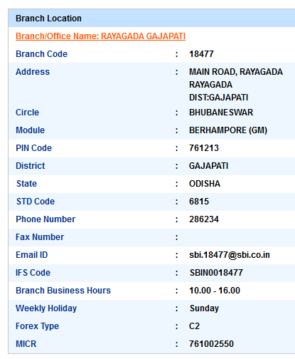 IFSC Code of SBI Rayagada Gajapati