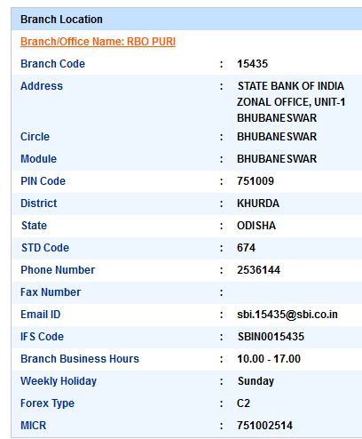 Rbo Puri sbi swift code ifsc code micr code branch address contact number address