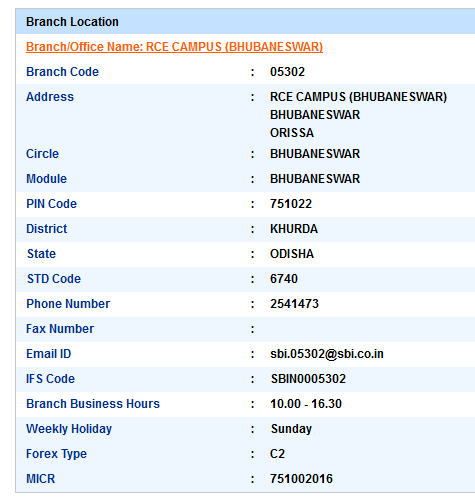 IFSC Code of SBI Rce Campus Bhubaneswar