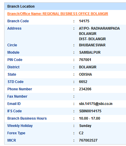 Regional Business Office Bolangir sbi swift code ifsc code micr code branch address contact number address