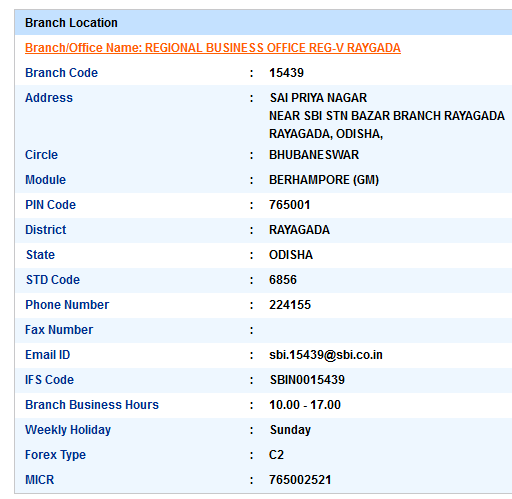 Regional Business Office Reg-V Raygada sbi swift code ifsc code micr code branch address contact number address