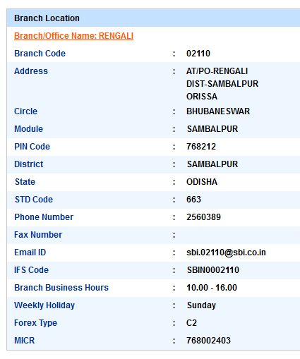 IFSC Code of SBI Rengali