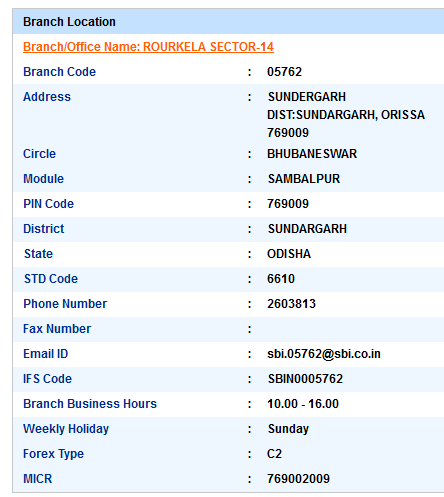 IFSC Code of SBI Rourkela Sector 14