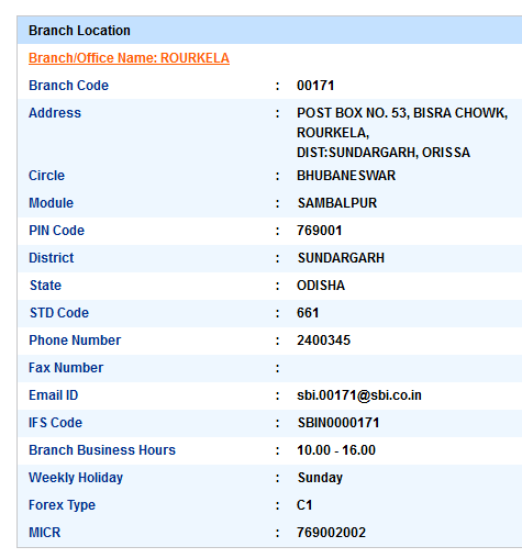 IFSC Code of SBI Rourkela