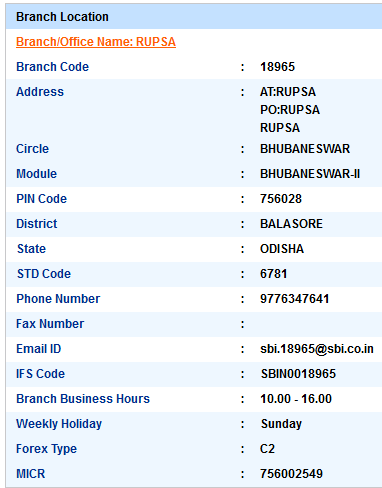 Rupsa sbi ifsc code