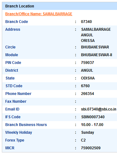 Samalbarrage sbi swift code ifsc code micr code branch address contact number address