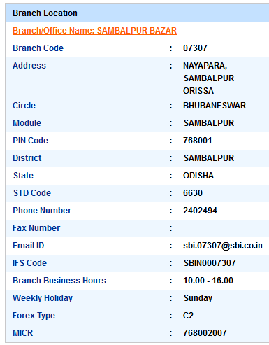 Sambalpur Bazar sbi ifsc code