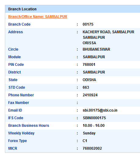 IFSC Code of SBI Sambalpur