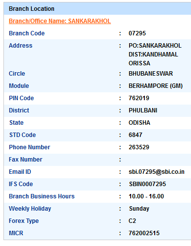 Sankarakhol sbi swift code ifsc code micr code branch address contact number address