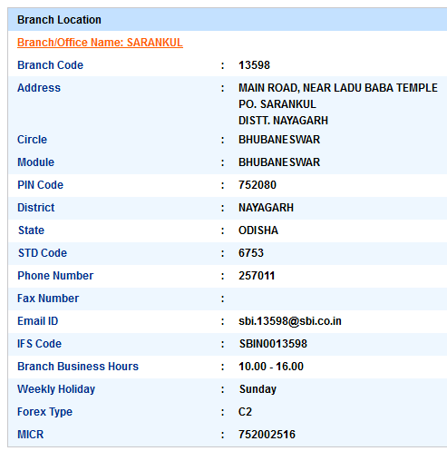 IFSC Code of SBI Sarankul