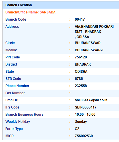 Sarsada sbiifsc code