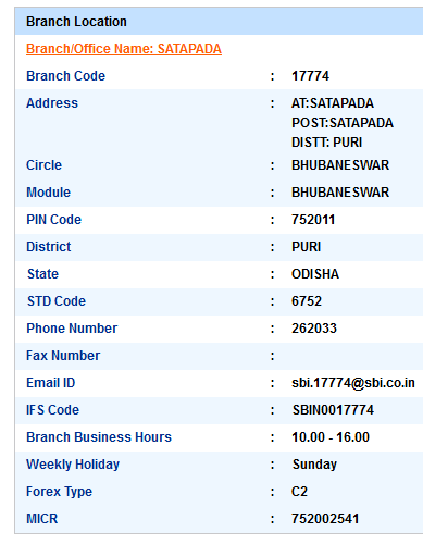 Satapada sbi swift code ifsc code micr code branch address contact number address