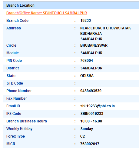 Sbiintouch Sambalpur sbi swift code ifsc code micr code branch address contact number address