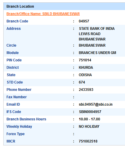 Sbild Bhubaneswar sbi swift code ifsc code micr code branch address contact number address