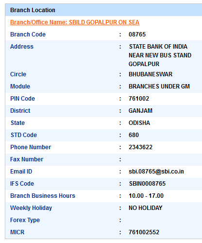 Sbild Gopalpur On Sea sbi swift code ifsc code micr code branch address contact number address