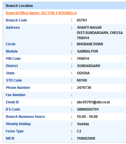 Sector1 Rourkela Sbi IFS Code