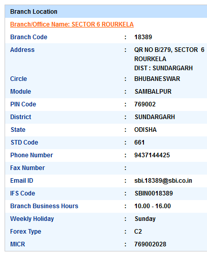 IFSC Code of SBI Sector 6 Rourkela