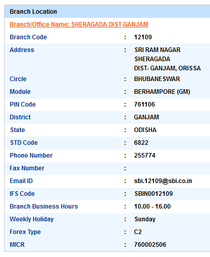 IFSC Code of SBI Sheragada Dist-Ganjam