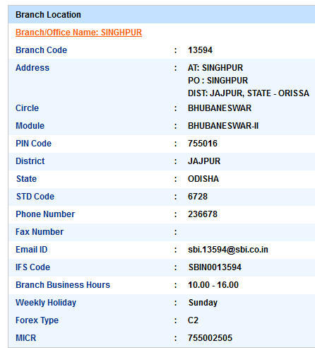 IFSC Code of SBI Singhpur