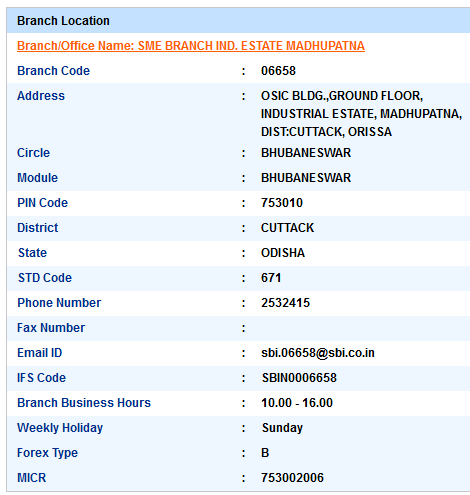 SME Branch Ind Estate Madhupatna Sbi