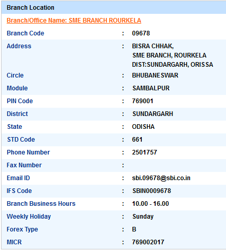 Sme Branch Rourkela sbiifsc code