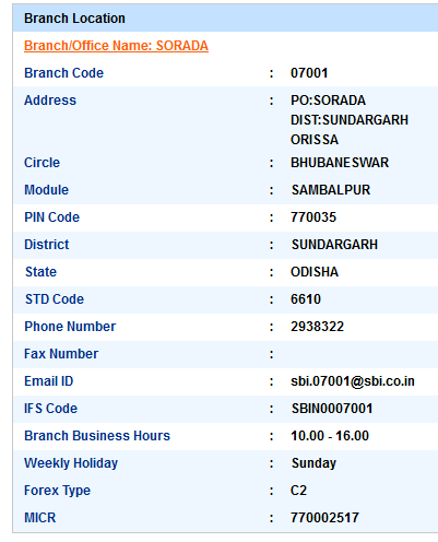 Sorada sbi swift code ifsc code micr code branch address contact number address