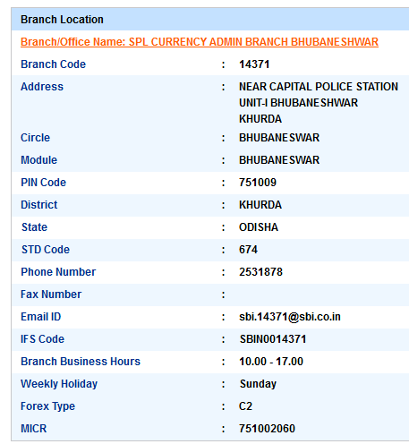 IFSC Code of SBI Spl Currency Admin Branch BBSR