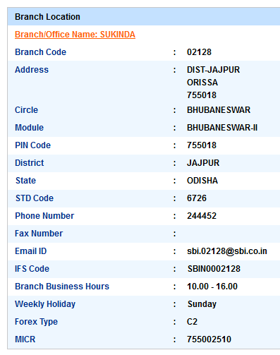 IFSC Code of SBI Sukinda