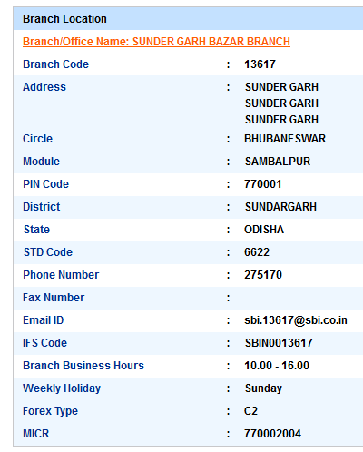 IFSC Code of SBI Sunder Garh Bazar Branch