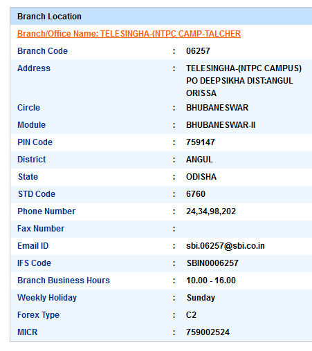 IFSC code of SBI Telesingha Ntpc Camp Talcher