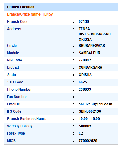 IFSC Code of SBI Tensa