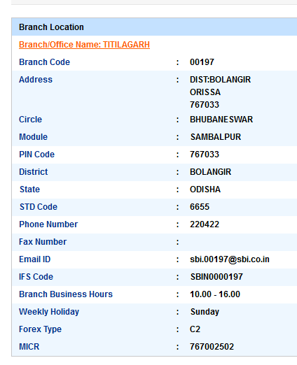 IFSC Code of SBI Titilagarh