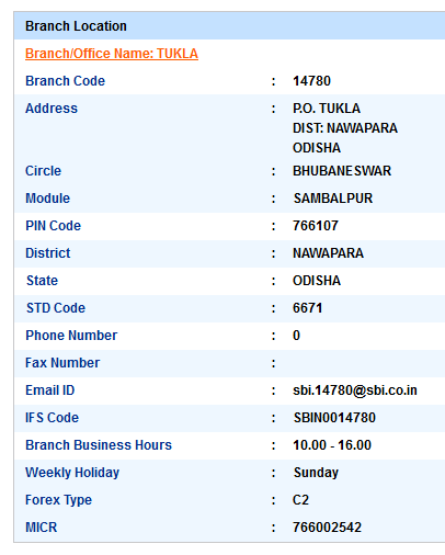 IFSC Code of SBI Tukla